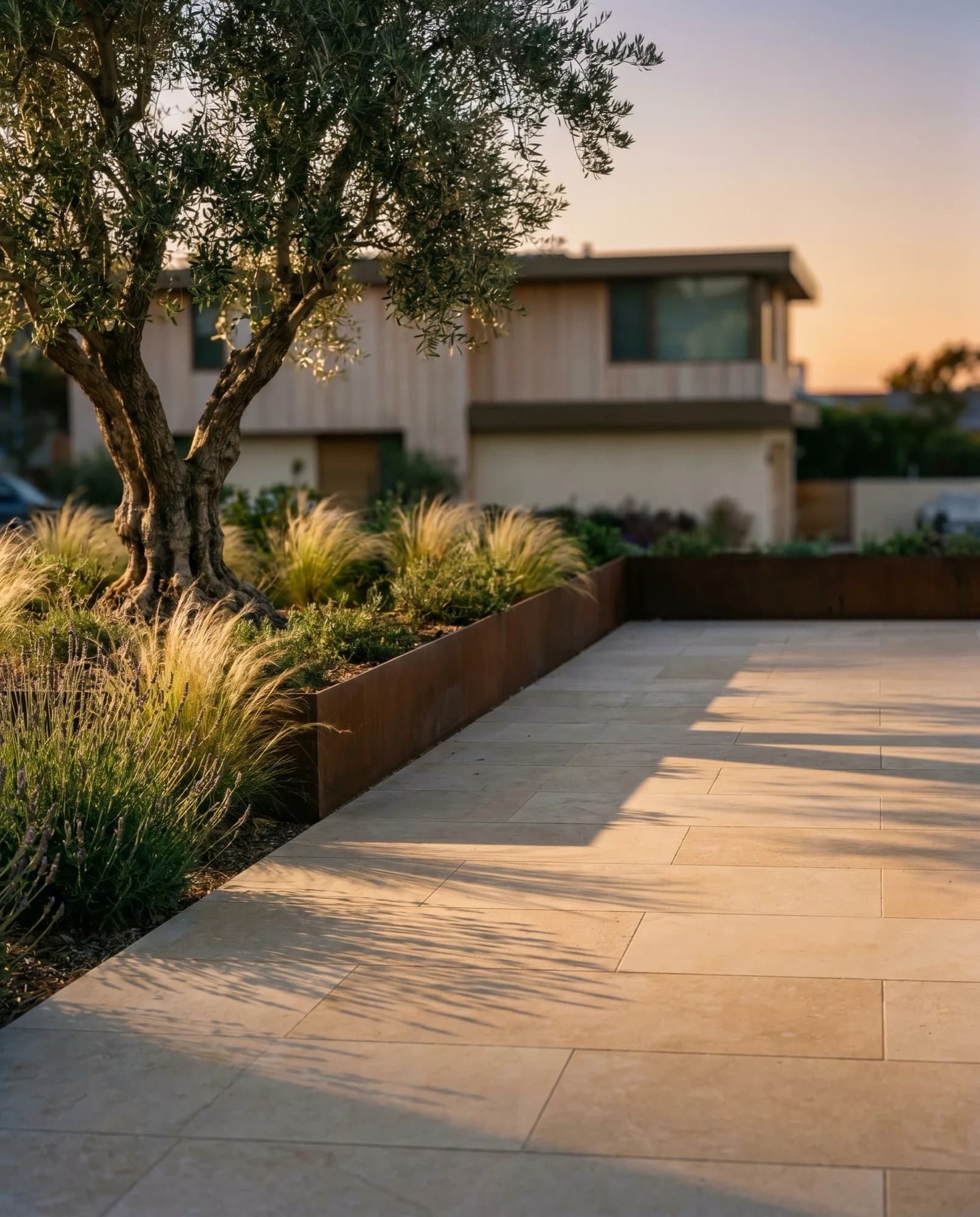 Architectural hardscape terrace with stonework and outdoor living space