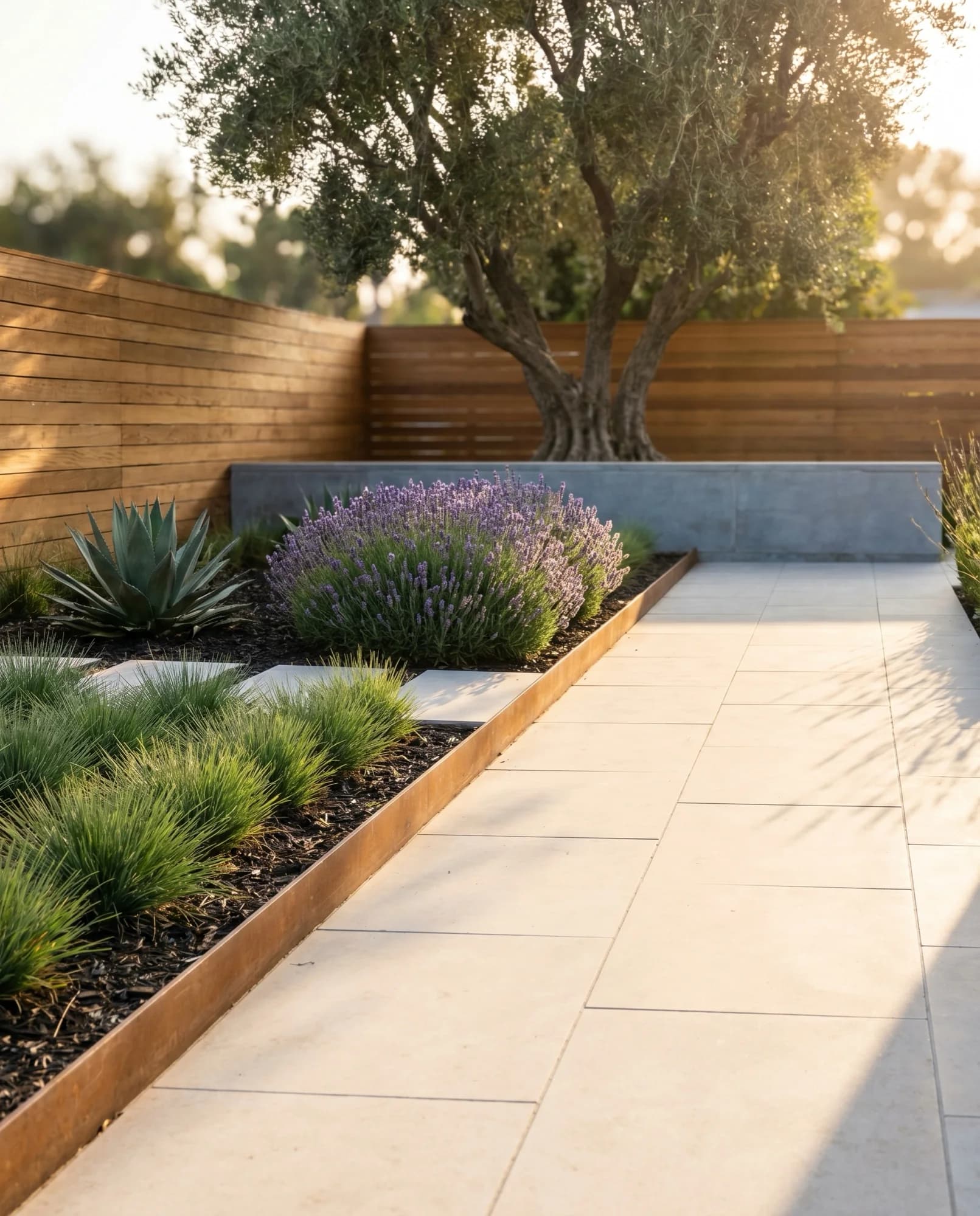 Architectural landscape with layered planting and material composition